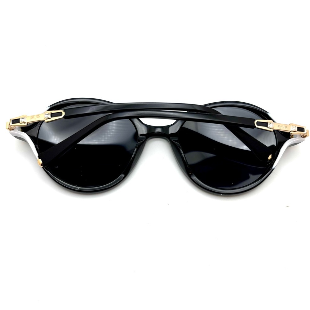 Round Black Acetate Sunglasses Gold Metal Accents, White Interior laminate - Picture 8 of 9